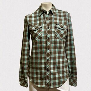 RVCA Plaid Button-Up Shirt Teal Brown Lightweight Flannel Size Small